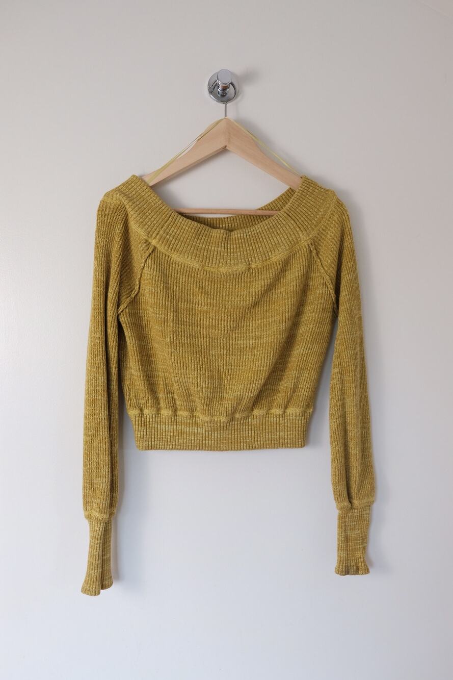 Free People Off Shoulder Ribbed Knit Sweater S Mustard Boho Festival Cottagecore